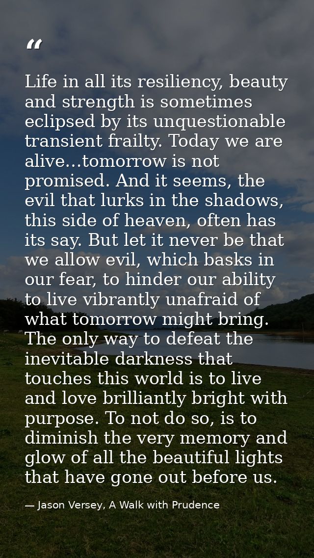 Life in all its resiliency, beauty and strength is sometimes eclipsed by its unquestionable transient frailty. Today we  — Jason Versey, A Walk with Prudence