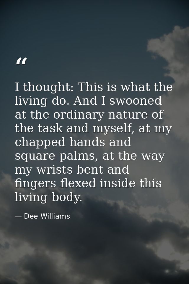 I thought: This is what the living do. And I swooned at the ordinary nature of the task and myself, at my chapped hands  — Dee Williams