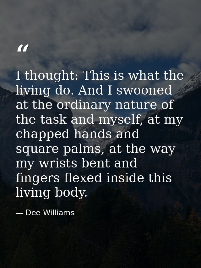 I thought: This is what the living do. And I swooned at the ordinary nature of the task and myself, at my chapped hands  — Dee Williams