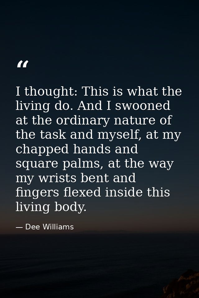 I thought: This is what the living do. And I swooned at the ordinary nature of the task and myself, at my chapped hands  — Dee Williams