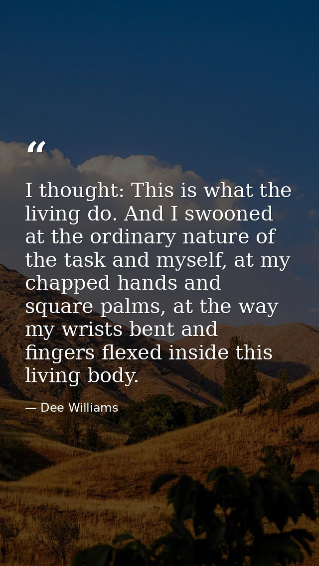 I thought: This is what the living do. And I swooned at the ordinary nature of the task and myself, at my chapped hands  — Dee Williams