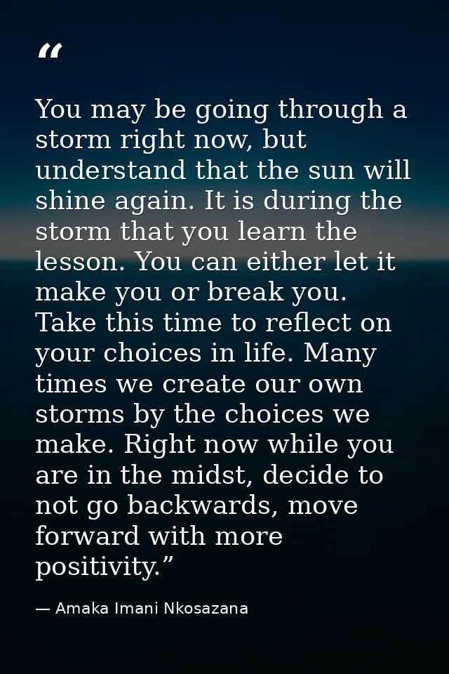 You may be going through a storm right now, but understand that the sun will shine again. It is during the storm that yo — Amaka Imani Nkosazana