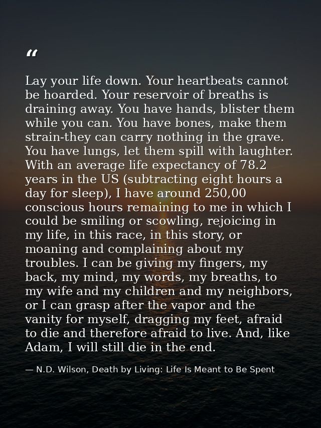 Lay your life down. Your heartbeats cannot be hoarded. Your reservoir of breaths is draining away. You have hands, blist — N.D. Wilson, Death by Living: Life Is Meant to Be Spent