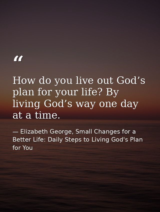 How do you live out God’s plan for your life? By living God’s way one day at a time. — Elizabeth George, Small Changes for a Better Life: Daily Steps to Living God's Plan for You