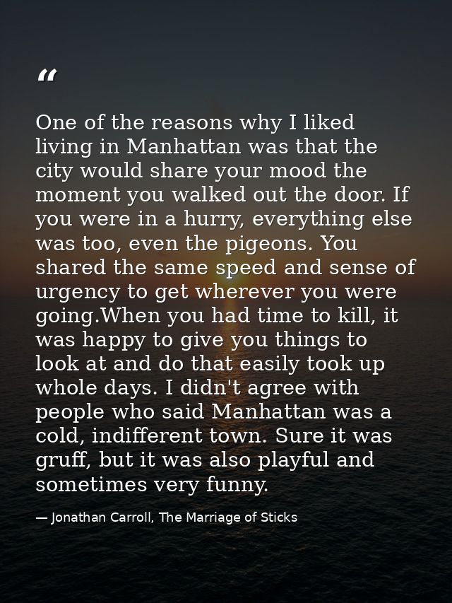 One of the reasons why I liked living in Manhattan was that the city would share your mood the moment you walked out the — Jonathan Carroll, The Marriage of Sticks