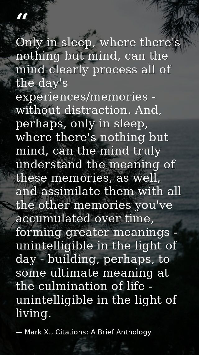Only in sleep, where there's nothing but mind, can the mind clearly process all of the day's experiences/memories - with — Mark X., Citations: A Brief Anthology