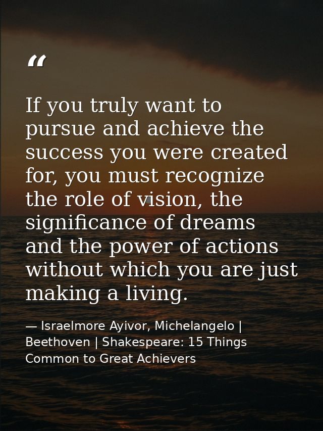 If you truly want to pursue and achieve the success you were created for, you must recognize the role of vision, the sig — Israelmore Ayivor, Michelangelo | Beethoven | Shakespeare: 15 Things Common to Great Achievers