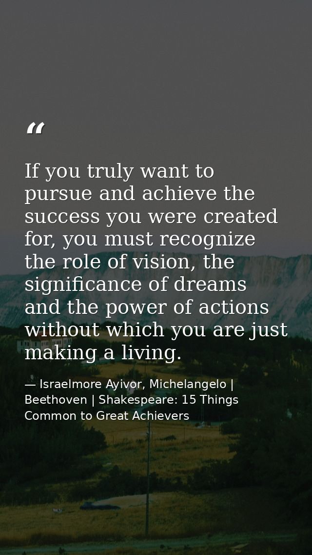 If you truly want to pursue and achieve the success you were created for, you must recognize the role of vision, the sig — Israelmore Ayivor, Michelangelo | Beethoven | Shakespeare: 15 Things Common to Great Achievers