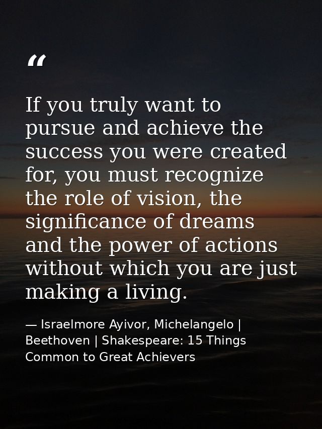If you truly want to pursue and achieve the success you were created for, you must recognize the role of vision, the sig — Israelmore Ayivor, Michelangelo | Beethoven | Shakespeare: 15 Things Common to Great Achievers