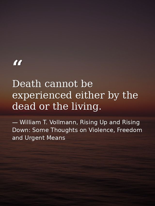 Death cannot be experienced either by the dead or the living. — William T. Vollmann, Rising Up and Rising Down: Some Thoughts on Violence, Freedom and Urgent Means