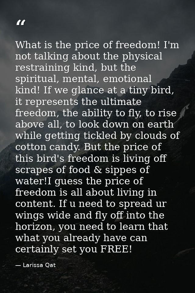 What is the price of freedom! I'm not talking about the physical restraining kind, but the spiritual, mental, emotional  — Larissa Qat