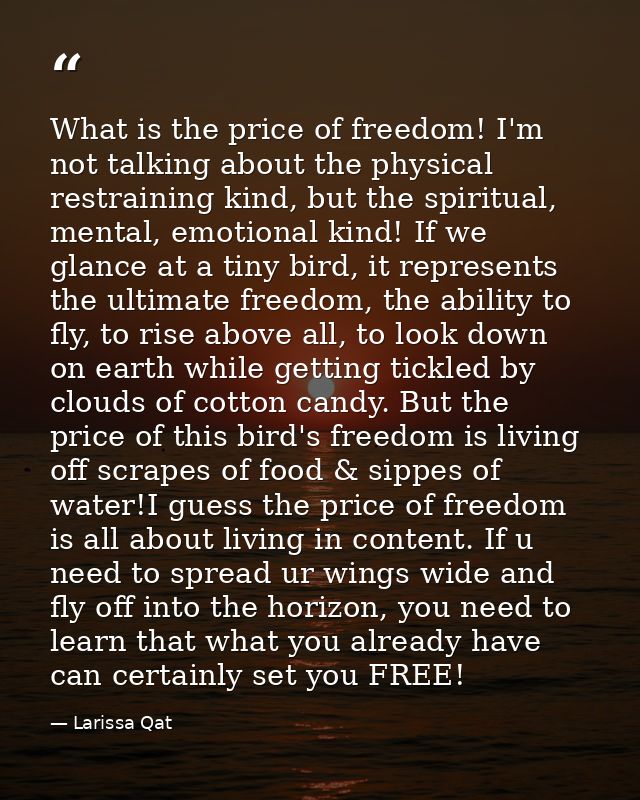 What is the price of freedom! I'm not talking about the physical restraining kind, but the spiritual, mental, emotional  — Larissa Qat