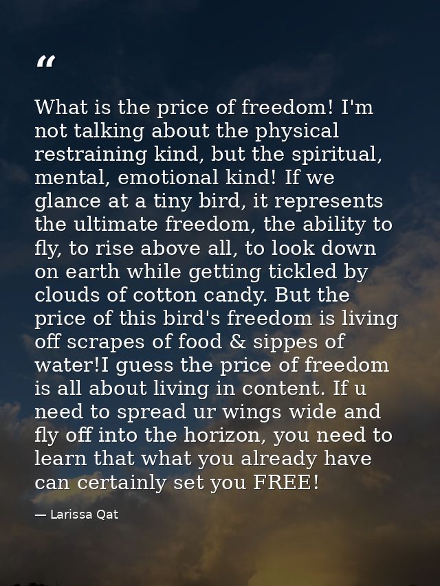 What is the price of freedom! I'm not talking about the physical restraining kind, but the spiritual, mental, emotional  — Larissa Qat