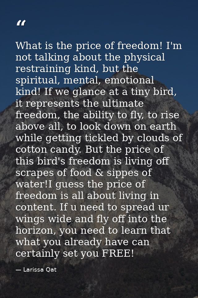 What is the price of freedom! I'm not talking about the physical restraining kind, but the spiritual, mental, emotional  — Larissa Qat