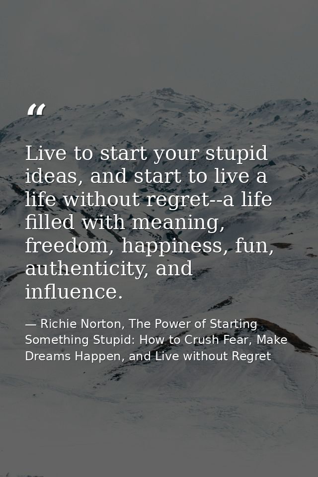 Live to start your stupid ideas, and start to live a life without regret--a life filled with meaning, freedom, happiness — Richie Norton, The Power of Starting Something Stupid: How to Crush Fear, Make Dreams Happen, and Live without Regret