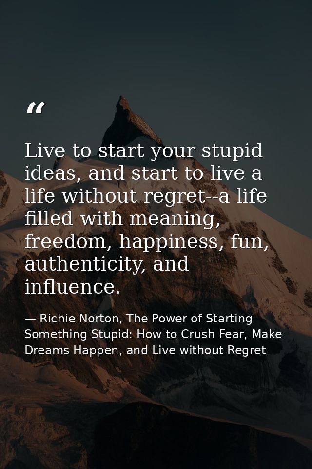 Live to start your stupid ideas, and start to live a life without regret--a life filled with meaning, freedom, happiness — Richie Norton, The Power of Starting Something Stupid: How to Crush Fear, Make Dreams Happen, and Live without Regret