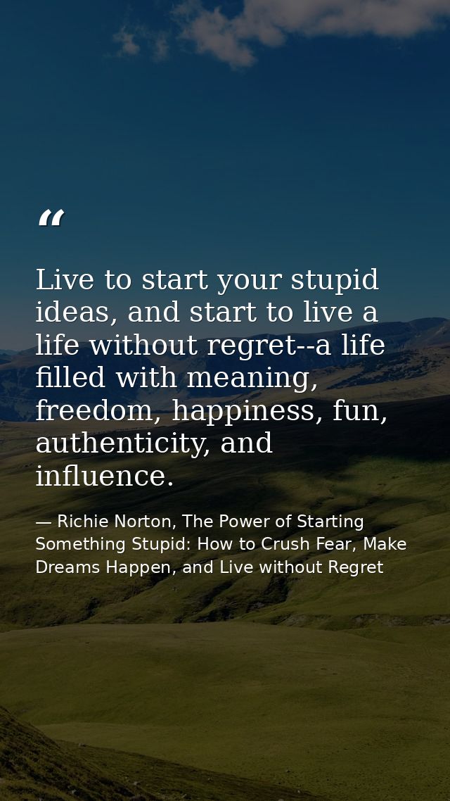 Live to start your stupid ideas, and start to live a life without regret--a life filled with meaning, freedom, happiness — Richie Norton, The Power of Starting Something Stupid: How to Crush Fear, Make Dreams Happen, and Live without Regret