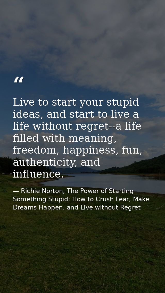 Live to start your stupid ideas, and start to live a life without regret--a life filled with meaning, freedom, happiness — Richie Norton, The Power of Starting Something Stupid: How to Crush Fear, Make Dreams Happen, and Live without Regret