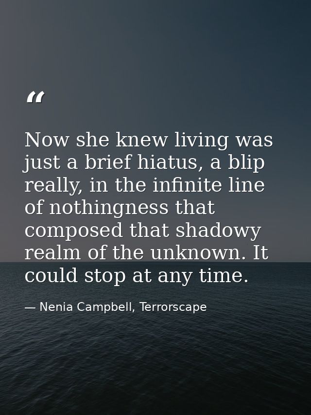 Now she knew living was just a brief hiatus, a blip really, in the infinite line of nothingness that composed that shado — Nenia Campbell, Terrorscape