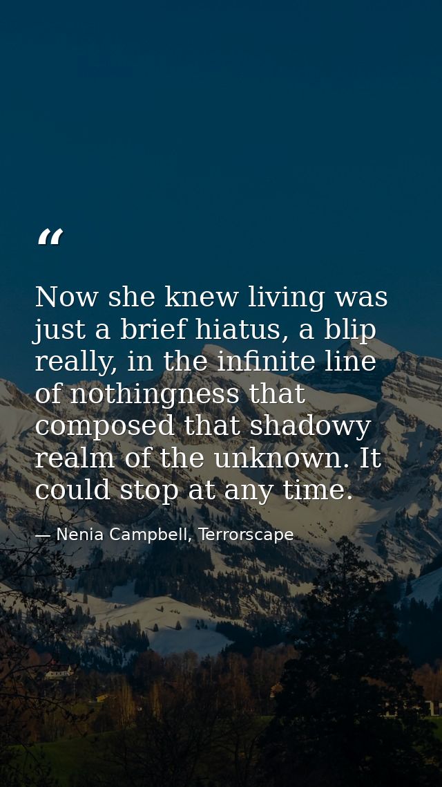 Now she knew living was just a brief hiatus, a blip really, in the infinite line of nothingness that composed that shado — Nenia Campbell, Terrorscape