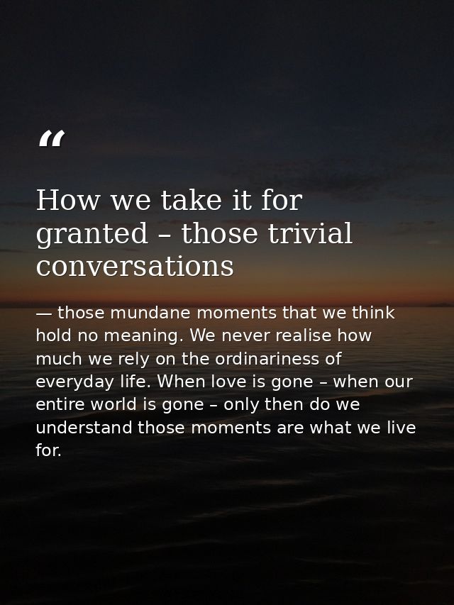 How we take it for granted – those trivial conversations — those mundane moments that we think hold no meaning. We never realise how much we rely on the ordinariness of everyday life. When love is gone – when our entire world is gone – only then do we understand those moments are what we live for.