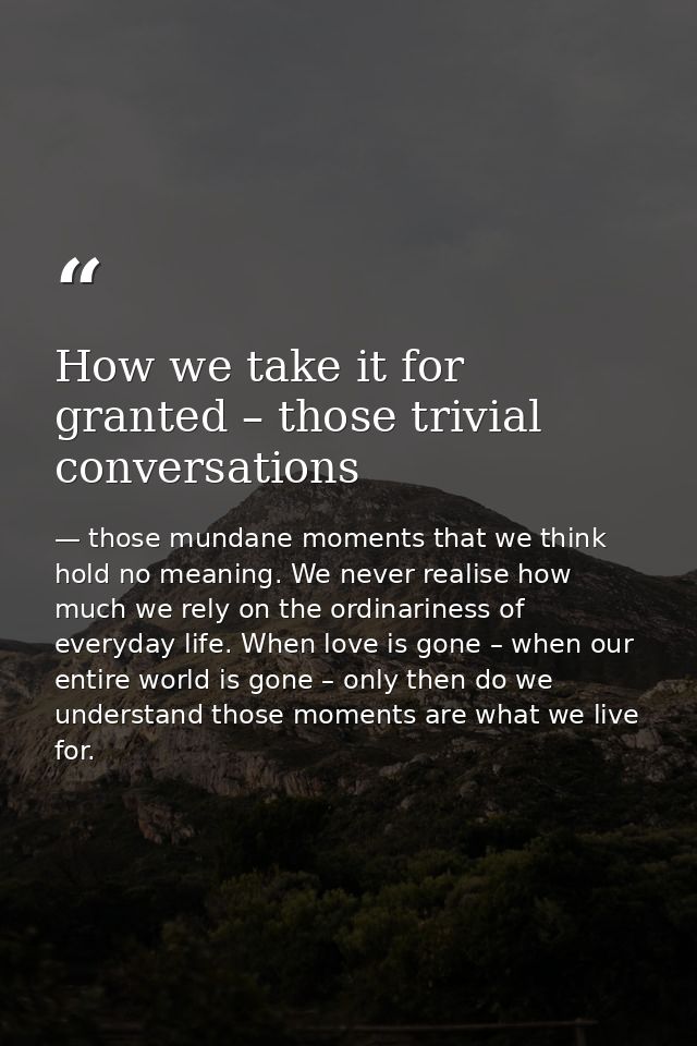 How we take it for granted – those trivial conversations — those mundane moments that we think hold no meaning. We never realise how much we rely on the ordinariness of everyday life. When love is gone – when our entire world is gone – only then do we understand those moments are what we live for.