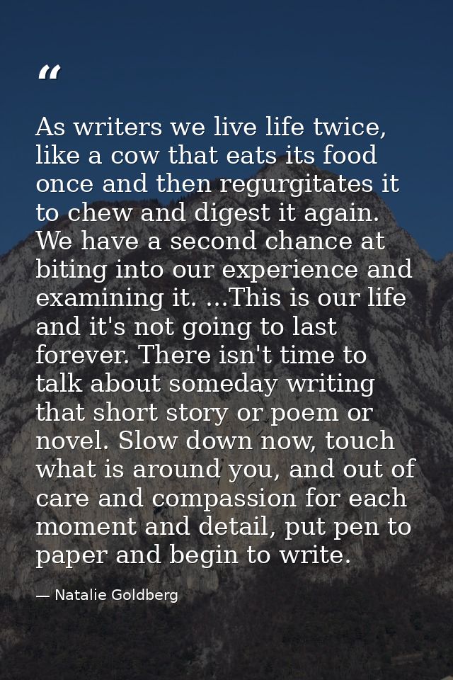 As writers we live life twice, like a cow that eats its food once and then regurgitates it to chew and digest it again.  — Natalie Goldberg