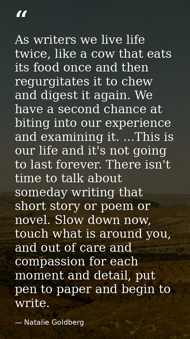As writers we live life twice, like a cow that eats its food once and then regurgitates it to chew and digest it again.  — Natalie Goldberg
