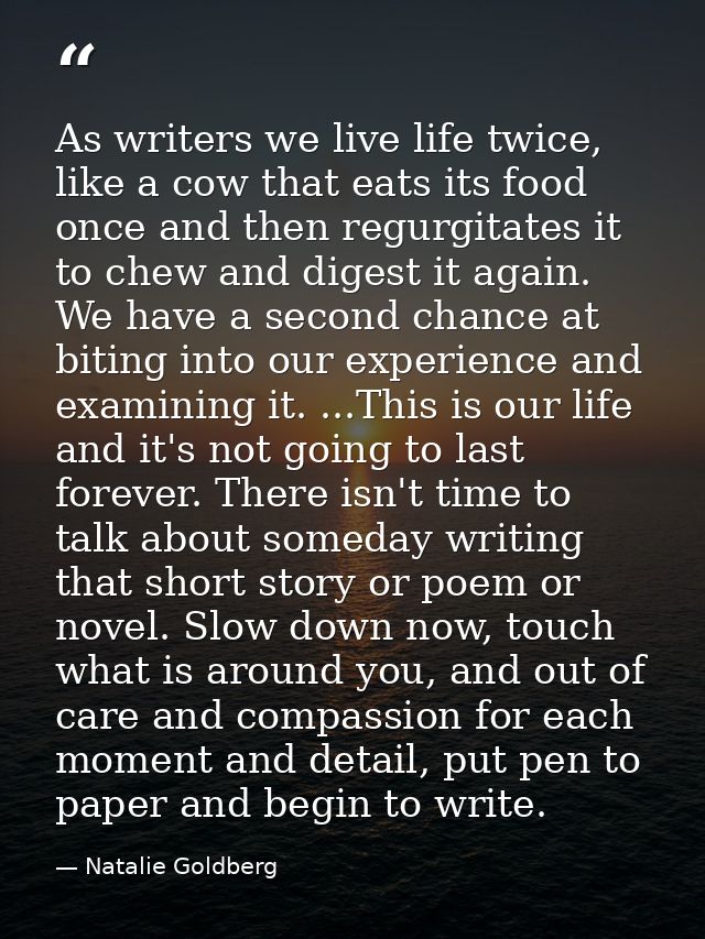 As writers we live life twice, like a cow that eats its food once and then regurgitates it to chew and digest it again.  — Natalie Goldberg