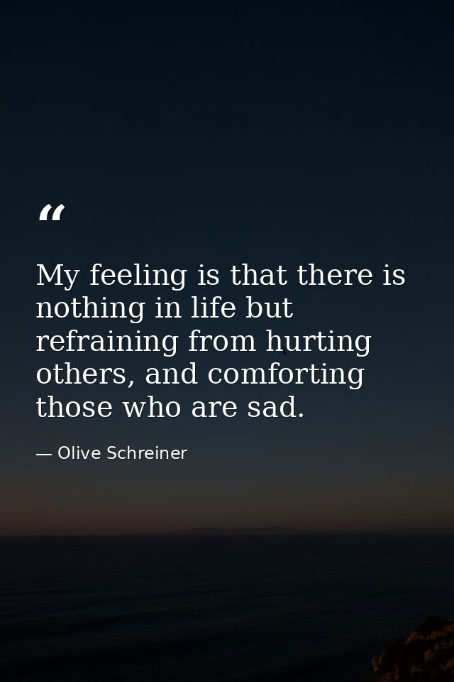 My feeling is that there is nothing in life but refraining from hurting others, and comforting those who are sad. — Olive Schreiner