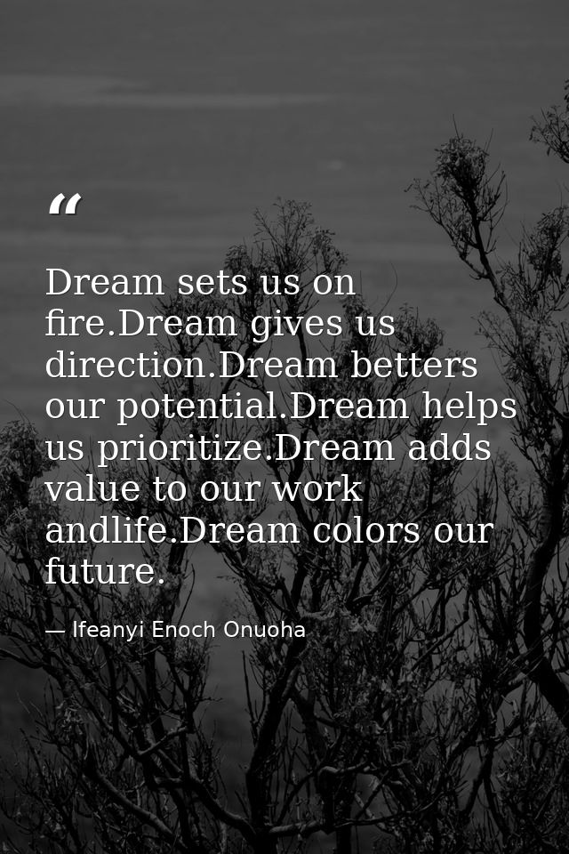Dream sets us on fire.Dream gives us direction.Dream betters our potential.Dream helps us prioritize.Dream adds value to — Ifeanyi Enoch Onuoha