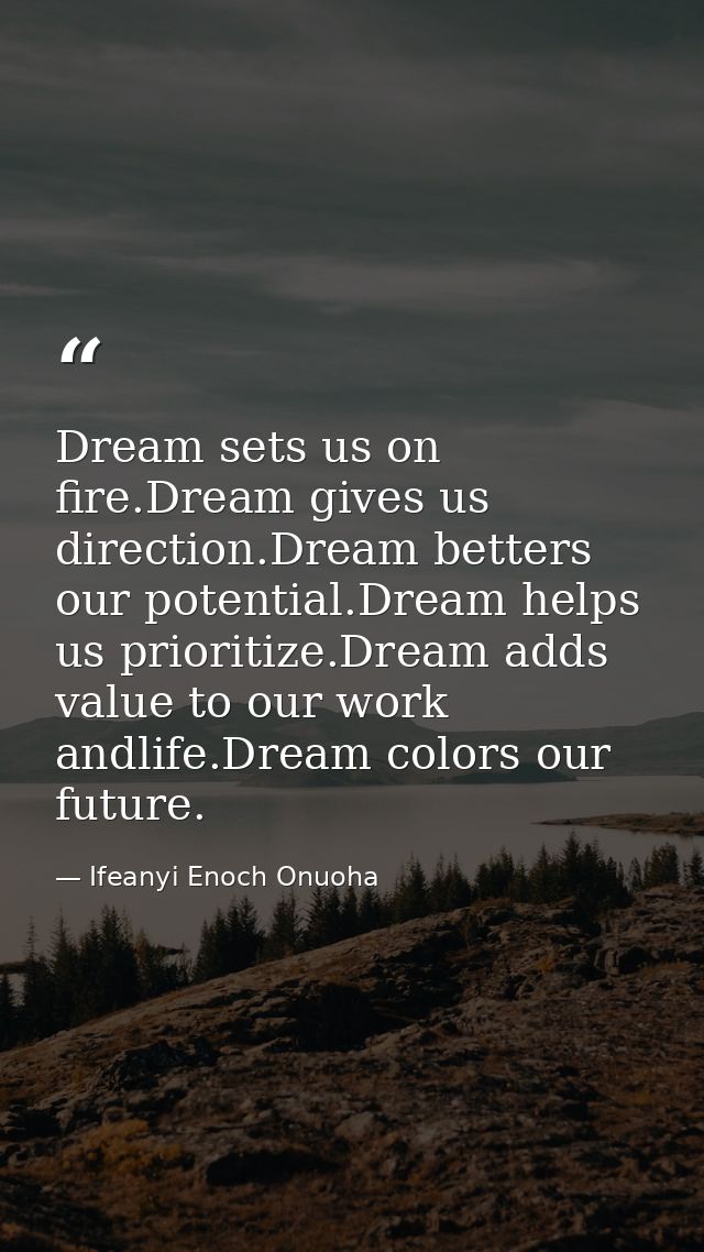 Dream sets us on fire.Dream gives us direction.Dream betters our potential.Dream helps us prioritize.Dream adds value to — Ifeanyi Enoch Onuoha