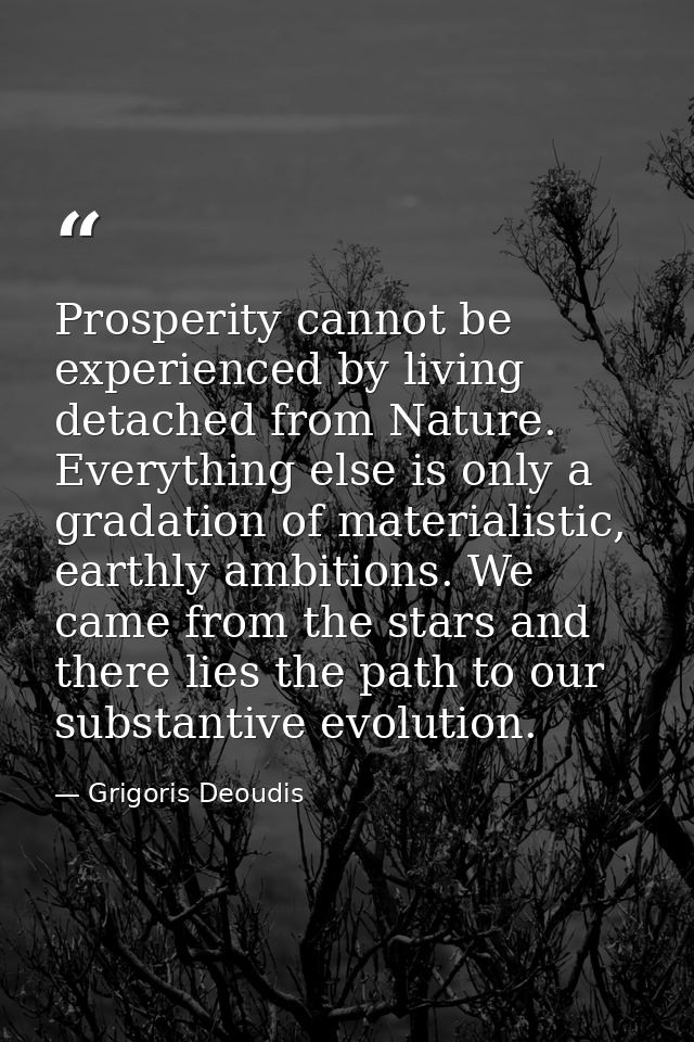 Prosperity cannot be experienced by living detached from Nature. Everything else is only a gradation of materialistic, e — Grigoris Deoudis
