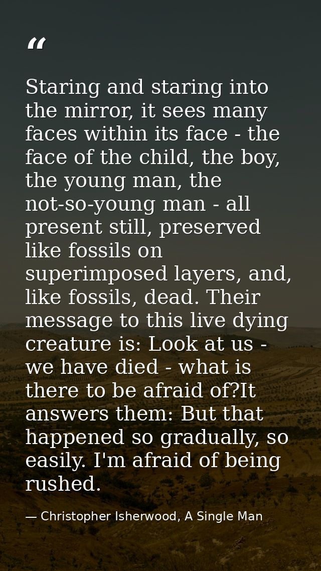 Staring and staring into the mirror, it sees many faces within its face - the face of the child, the boy, the young man, — Christopher Isherwood, A Single Man