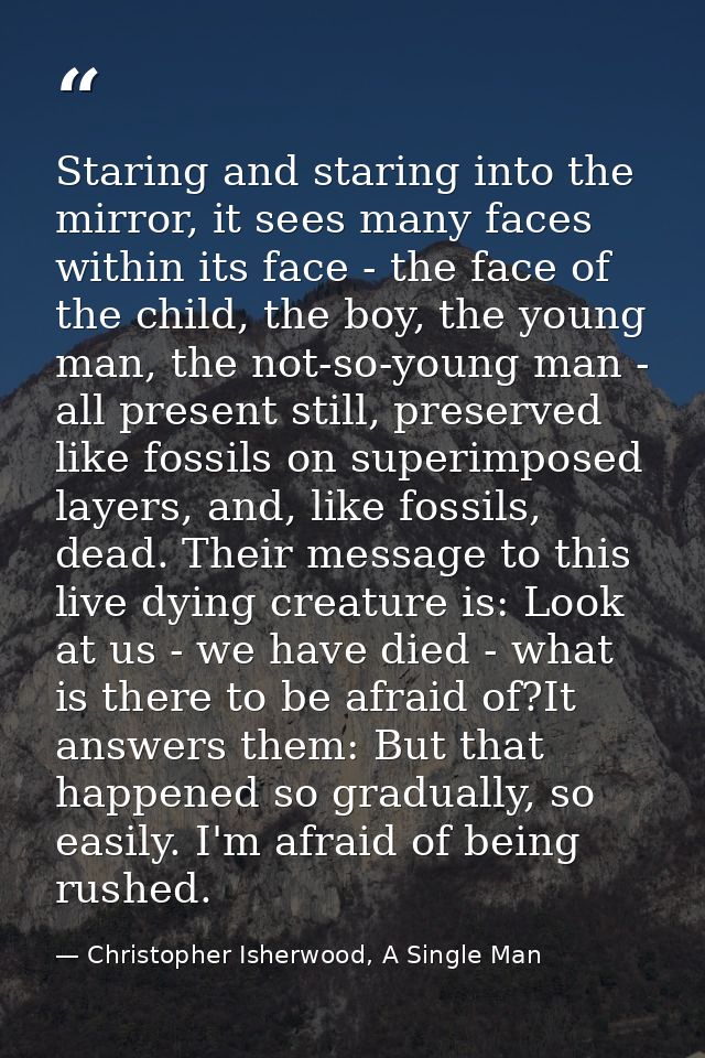 Staring and staring into the mirror, it sees many faces within its face - the face of the child, the boy, the young man, — Christopher Isherwood, A Single Man
