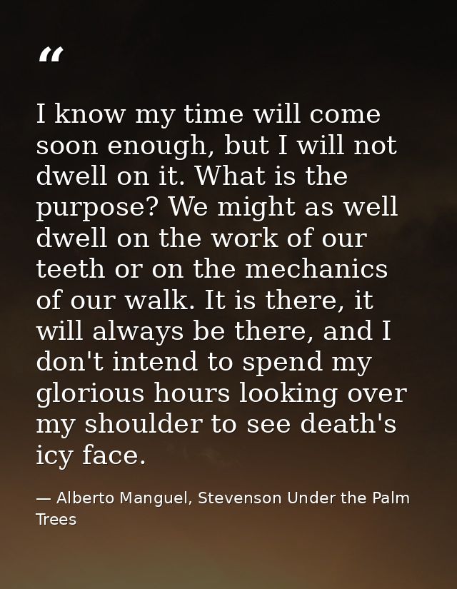 I know my time will come soon enough, but I will not dwell on it. What is the purpose? We might as well dwell on the wor — Alberto Manguel, Stevenson Under the Palm Trees