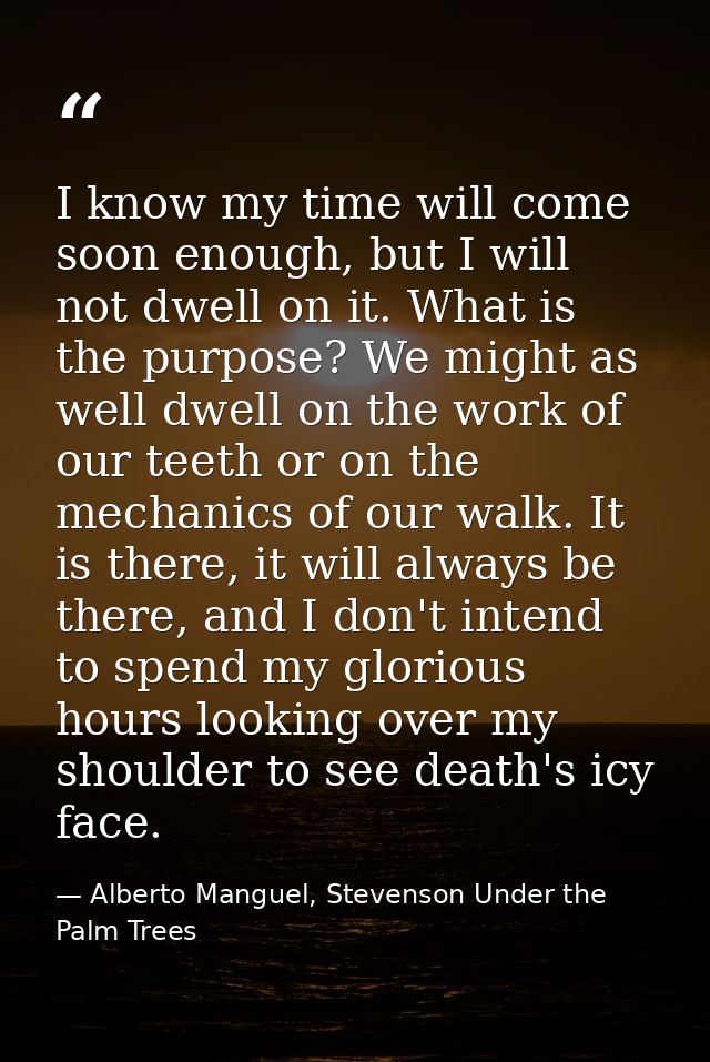 I know my time will come soon enough, but I will not dwell on it. What is the purpose? We might as well dwell on the wor — Alberto Manguel, Stevenson Under the Palm Trees