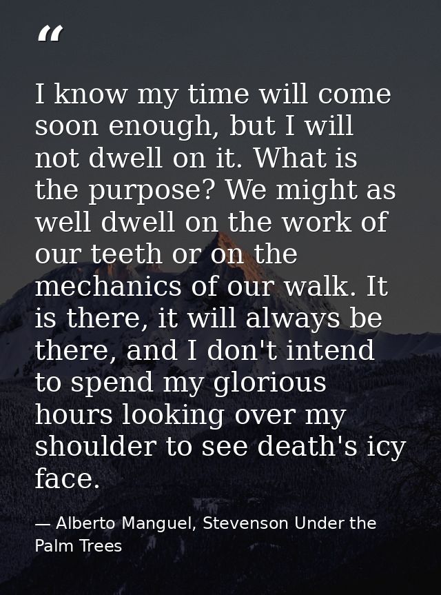 I know my time will come soon enough, but I will not dwell on it. What is the purpose? We might as well dwell on the wor — Alberto Manguel, Stevenson Under the Palm Trees