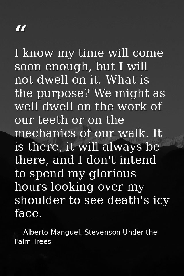 I know my time will come soon enough, but I will not dwell on it. What is the purpose? We might as well dwell on the wor — Alberto Manguel, Stevenson Under the Palm Trees