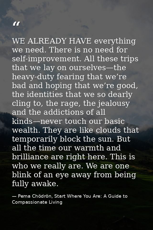 WE ALREADY HAVE everything we need. There is no need for self-improvement. All these trips that we lay on ourselves—the  — Pema Chödrön, Start Where You Are: A Guide to Compassionate Living
