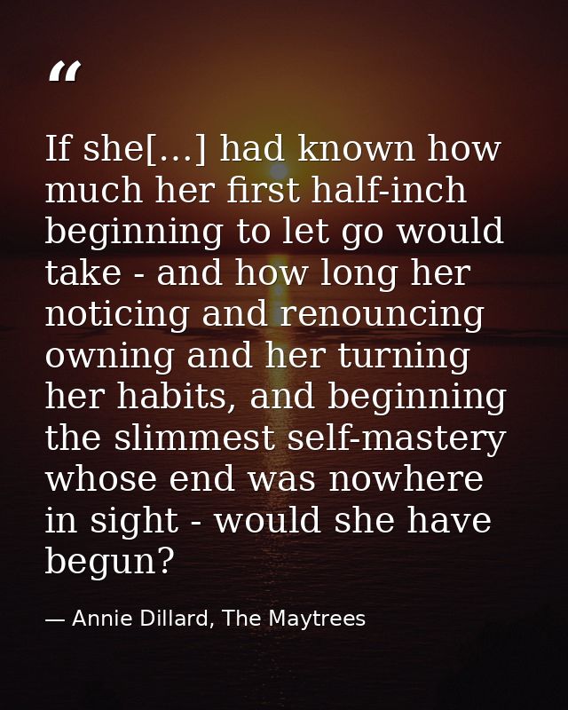 If she[…] had known how much her first half-inch beginning to let go would take - and how long her noticing and renounci — Annie Dillard, The Maytrees
