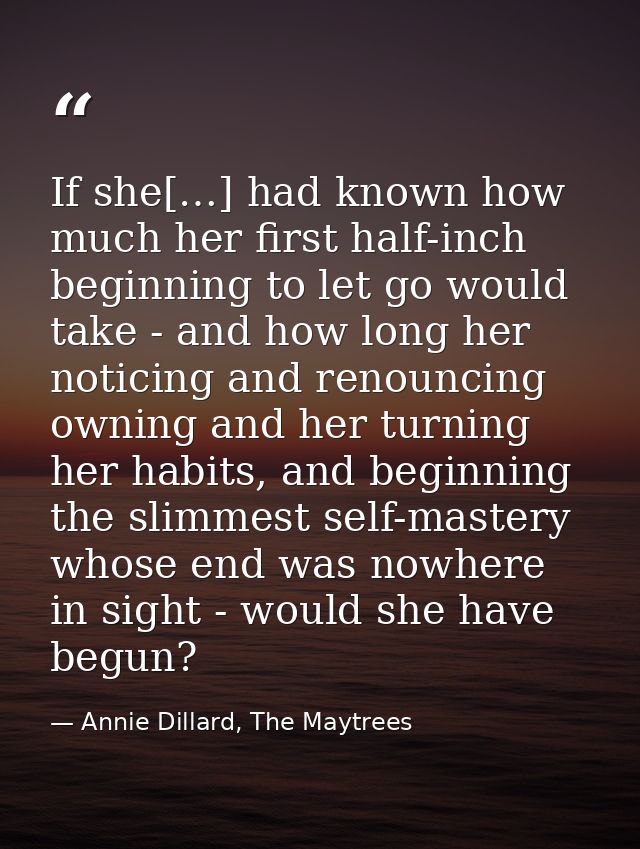 If she[…] had known how much her first half-inch beginning to let go would take - and how long her noticing and renounci — Annie Dillard, The Maytrees