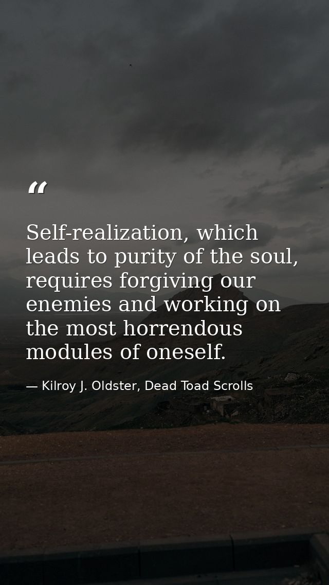 Self-realization, which leads to purity of the soul, requires forgiving our enemies and working on the most horrendous m — Kilroy J. Oldster, Dead Toad Scrolls
