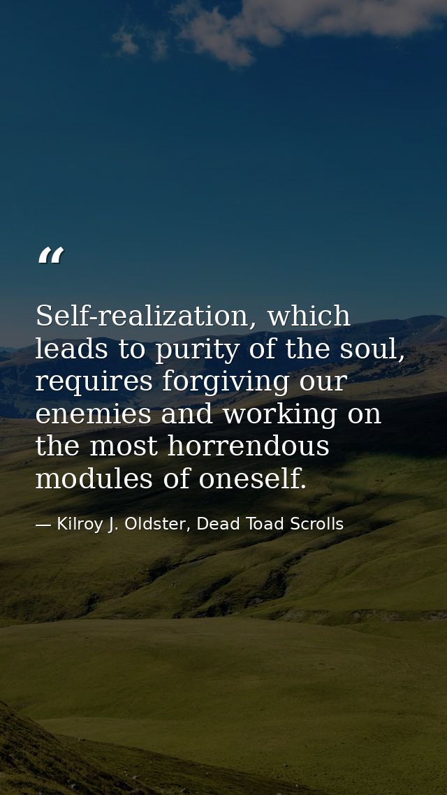 Self-realization, which leads to purity of the soul, requires forgiving our enemies and working on the most horrendous m — Kilroy J. Oldster, Dead Toad Scrolls