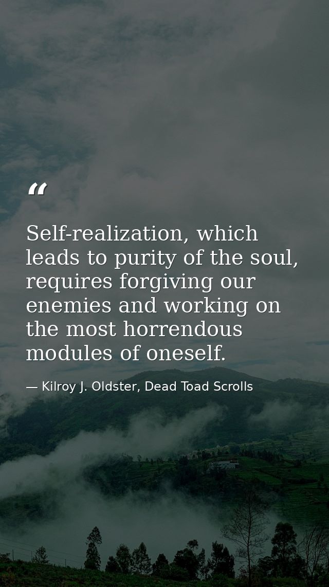 Self-realization, which leads to purity of the soul, requires forgiving our enemies and working on the most horrendous m — Kilroy J. Oldster, Dead Toad Scrolls