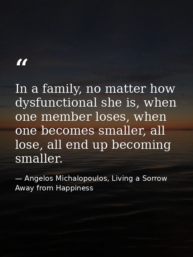 In a family, no matter how dysfunctional she is, when one member loses, when one becomes smaller, all lose, all end up b — Angelos Michalopoulos, Living a Sorrow Away from Happiness
