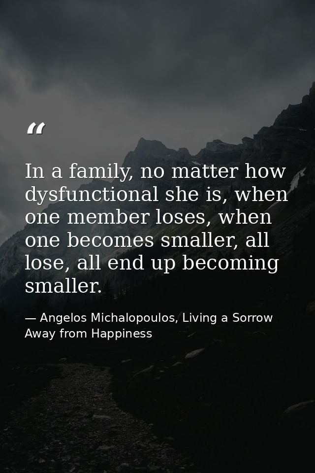 In a family, no matter how dysfunctional she is, when one member loses, when one becomes smaller, all lose, all end up b — Angelos Michalopoulos, Living a Sorrow Away from Happiness