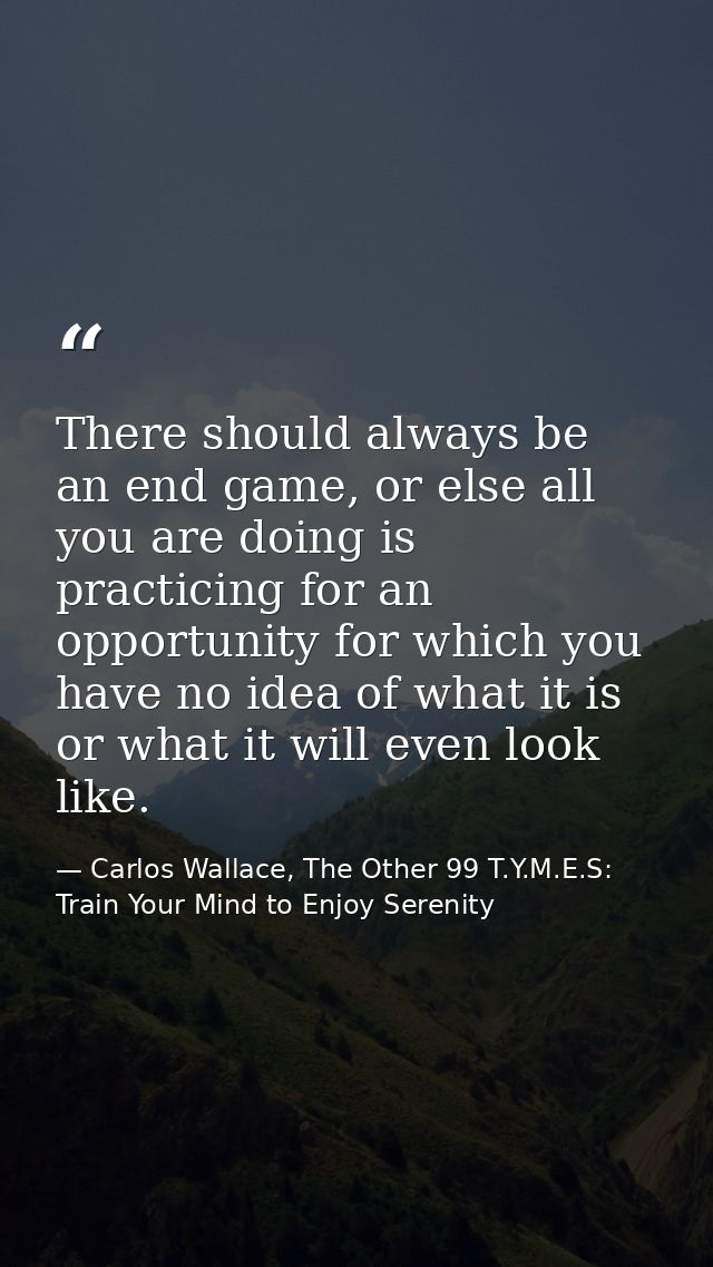 There should always be an end game, or else all you are doing is practicing for an opportunity for which you have no ide — Carlos Wallace, The Other 99 T.Y.M.E.S: Train Your Mind to Enjoy Serenity