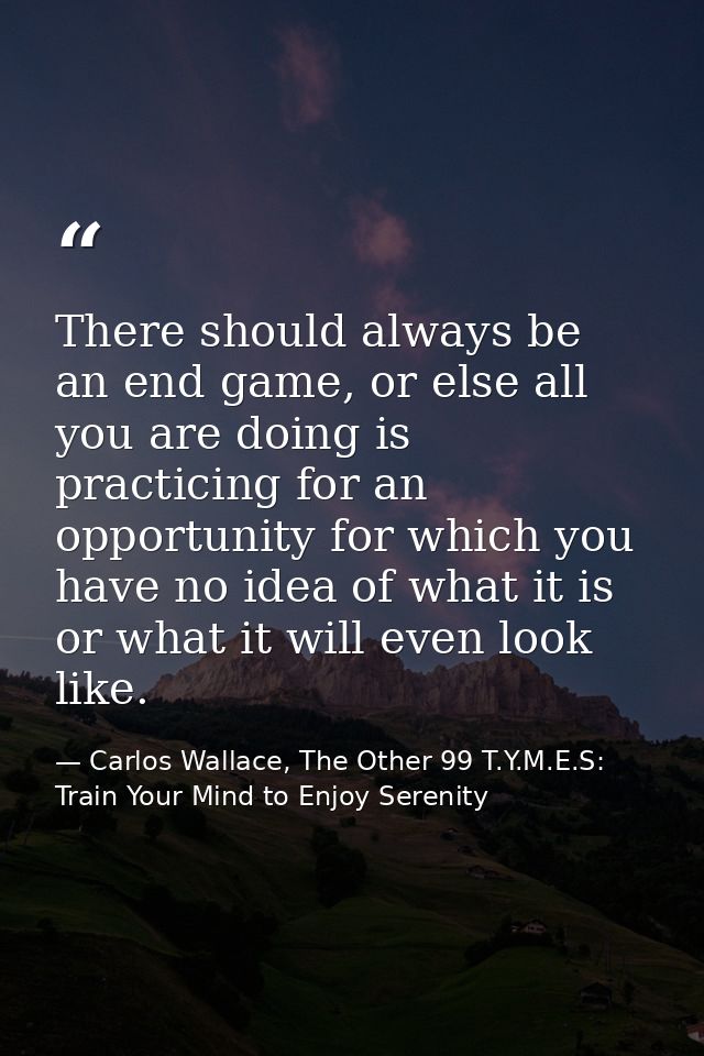 There should always be an end game, or else all you are doing is practicing for an opportunity for which you have no ide — Carlos Wallace, The Other 99 T.Y.M.E.S: Train Your Mind to Enjoy Serenity