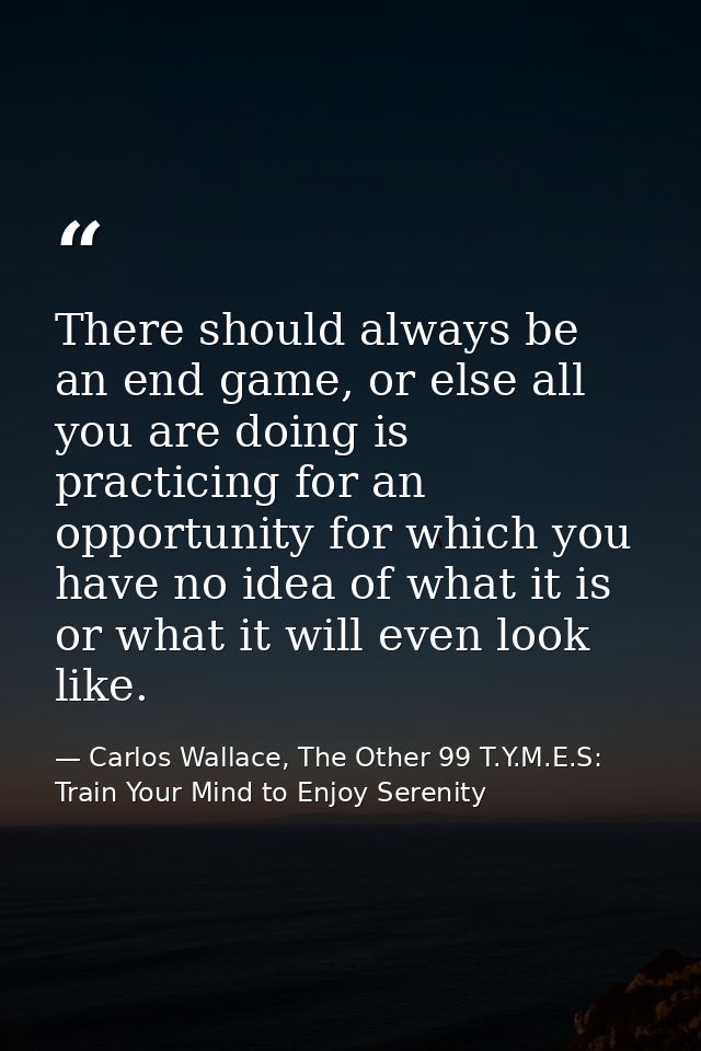 There should always be an end game, or else all you are doing is practicing for an opportunity for which you have no ide — Carlos Wallace, The Other 99 T.Y.M.E.S: Train Your Mind to Enjoy Serenity